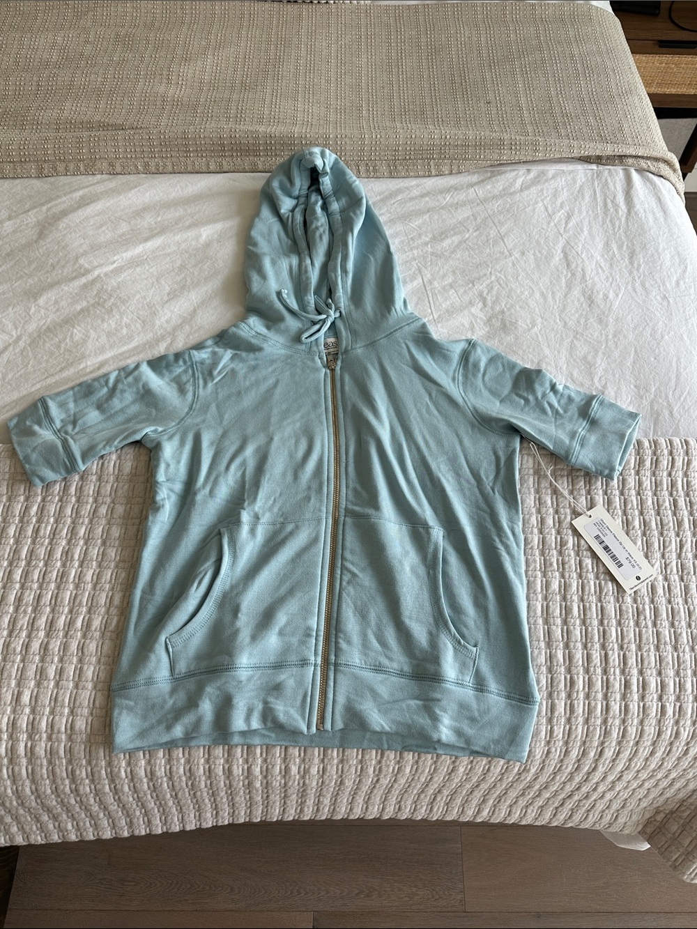 Light Blue Hooded Zip-Front Short Sleeve Sweatshirt